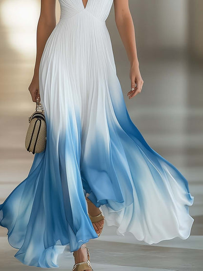 Maria™ | Elegant Maxiklänning i Plisserad Chiffon med V-ringning – Vit med Blå Ombre